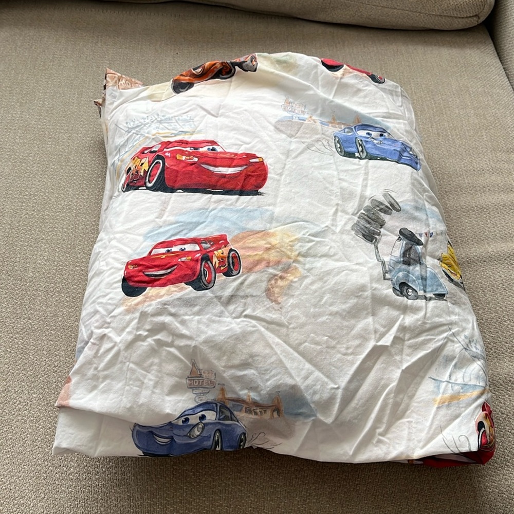 Pottery Barn Kids White Pillowcase with Red and Blue Race Car Prints